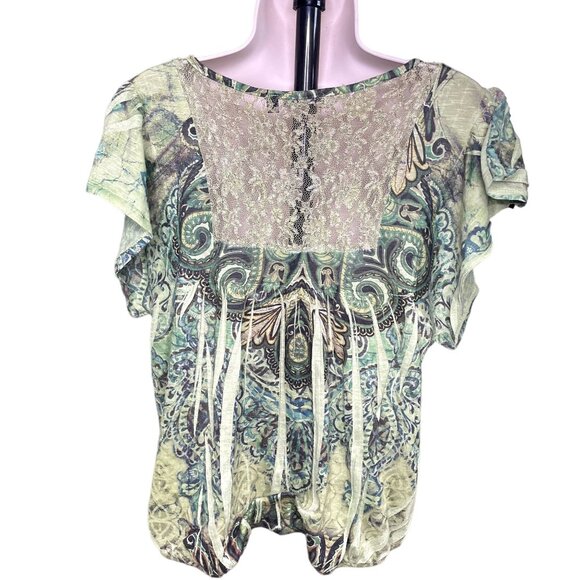 Womens Top Embroidered Bib Lace Back Tie Die Blouse u Green Size XL Boho Shirt E - Picture 5 of 7